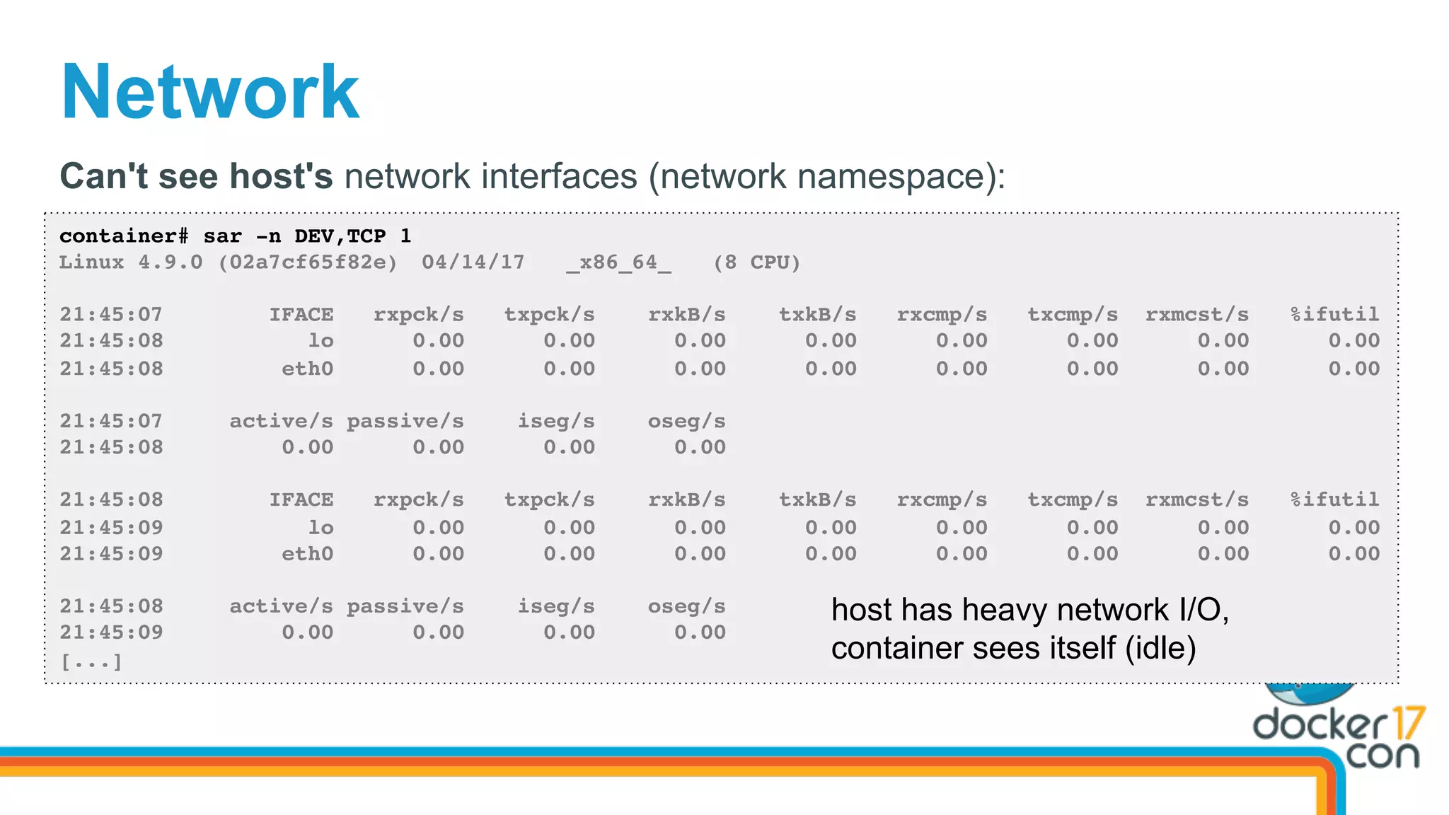 Network
container# sar -n DEV,TCP 1
Linux 4.9.0 (02a7cf65f82e) 04/14/17 _x86_64_ (8 CPU)
21:45:07 IFACE rxpck/s txpck/s rxkB/s txkB/s rxcmp/s txcmp/s rxmcst/s %ifutil
21:45:08 lo 0.00 0.00 0.00 0.00 0.00 0.00 0.00 0.00
21:45:08 eth0 0.00 0.00 0.00 0.00 0.00 0.00 0.00 0.00
21:45:07 active/s passive/s iseg/s oseg/s
21:45:08 0.00 0.00 0.00 0.00
21:45:08 IFACE rxpck/s txpck/s rxkB/s txkB/s rxcmp/s txcmp/s rxmcst/s %ifutil
21:45:09 lo 0.00 0.00 0.00 0.00 0.00 0.00 0.00 0.00
21:45:09 eth0 0.00 0.00 0.00 0.00 0.00 0.00 0.00 0.00
21:45:08 active/s passive/s iseg/s oseg/s
21:45:09 0.00 0.00 0.00 0.00
[...]
Can't see host's network interfaces (network namespace):
host has heavy network I/O,
container sees itself (idle)
 