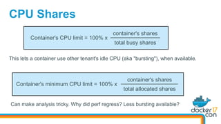 container's shares
total busy shares
CPU Shares
Container's CPU limit = 100% x
This lets a container use other tenant's idle CPU (aka "bursting"), when available.
container's shares
total allocated shares
Container's minimum CPU limit = 100% x
Can make analysis tricky. Why did perf regress? Less bursting available?
 