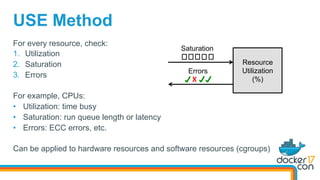 USE Method
For every resource, check:
1.  Utilization
2.  Saturation
3.  Errors
For example, CPUs:
•  Utilization: time bu...