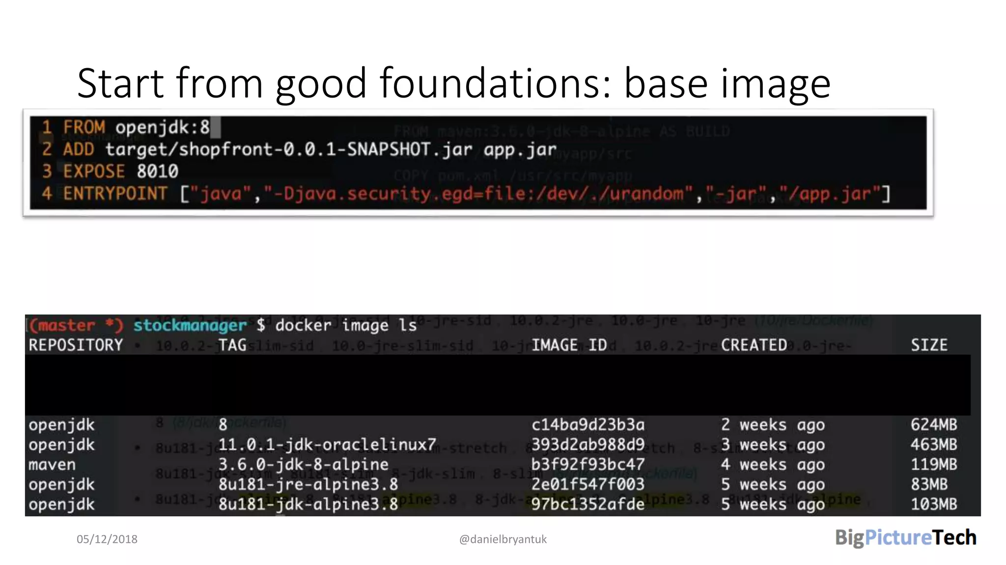 Start from good foundations: base image
05/12/2018 @danielbryantuk
https://github.com/danielbryantuk/oreilly-docker-java-
shopping
 