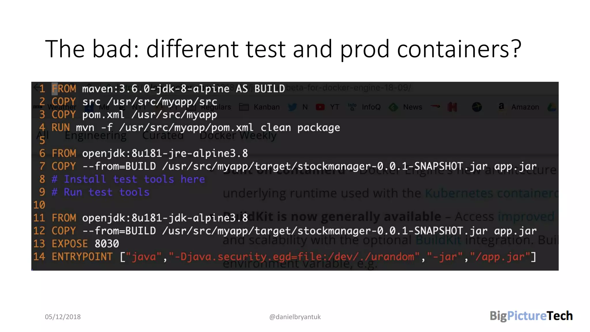 The bad: different test and prod containers?
05/12/2018 @danielbryantuk
 