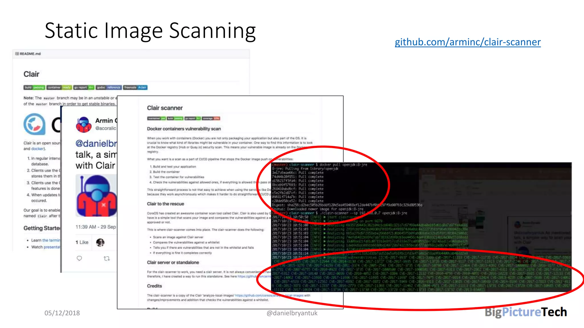Static Image Scanning
05/12/2018 @danielbryantuk
github.com/arminc/clair-scanner
 