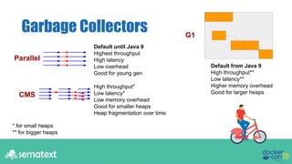 Garbage Collectors
Parallel
Default until Java 9
Highest throughput
High latency
Low overhead
Good for young gen
CMS
High ...
