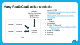 Many PaaS/CaaS utilize sidekicks
• Amazon ECS
https://github.com/aws/amazon-ecs-agent
• Amazon Beanstalk
https://github.com/aws/aws-eb-python-
dockerfiles
• Netflix
Prana
• Smartstack
• Docker Ambassador
http://www.slideshare.net/Docker/slides
hare-burns
• CoreOS - Sidekick
• Rancher
• Logging
Container Container
Container
Container
(sidekick)
Rest Api
Service Discovery
Health checks
Orchestration
Container
Host
 