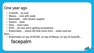 One year ago
• CoreOS... so cool
• Mesos… cool with scale
• Beanstalk… with docker support
• Swarm… beta
• Deis… oooo saas
• ECS… ok now we're getting somewhere
• Kubernetes… where did that come from… looks cool too
Now…..
• Kubernetes on top of DCOS, on top of Mesos, on top of CoreOS…
facepalm
 