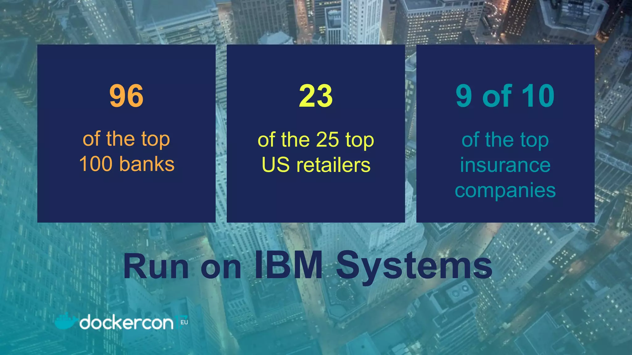 96
of the top
100 banks
9 of 10
of the top
insurance
companies
23
of the 25 top
US retailers
Run on IBM Systems
 