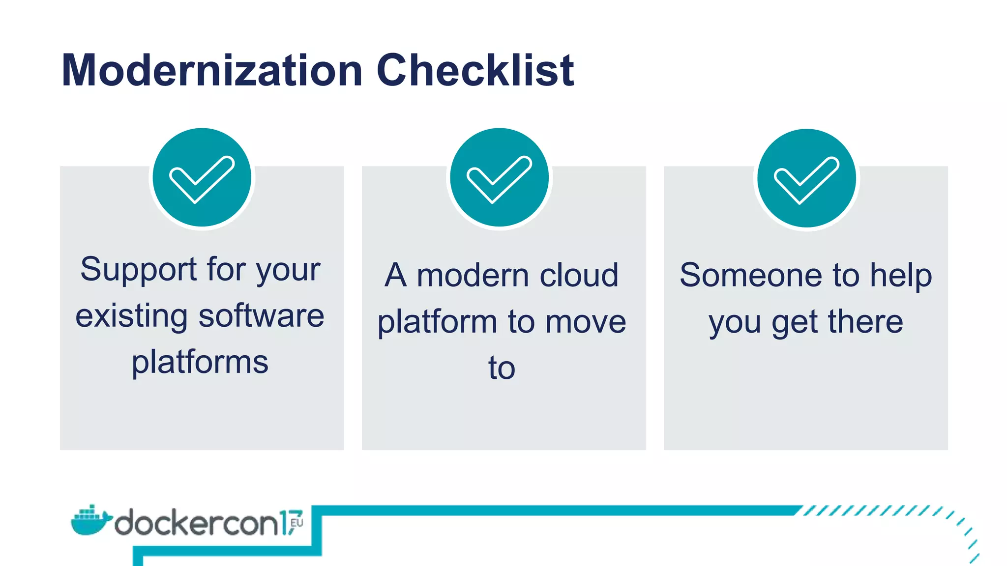 Modernization Checklist
Support for your
existing software
platforms
A modern cloud
platform to move
to
Someone to help
you get there
 