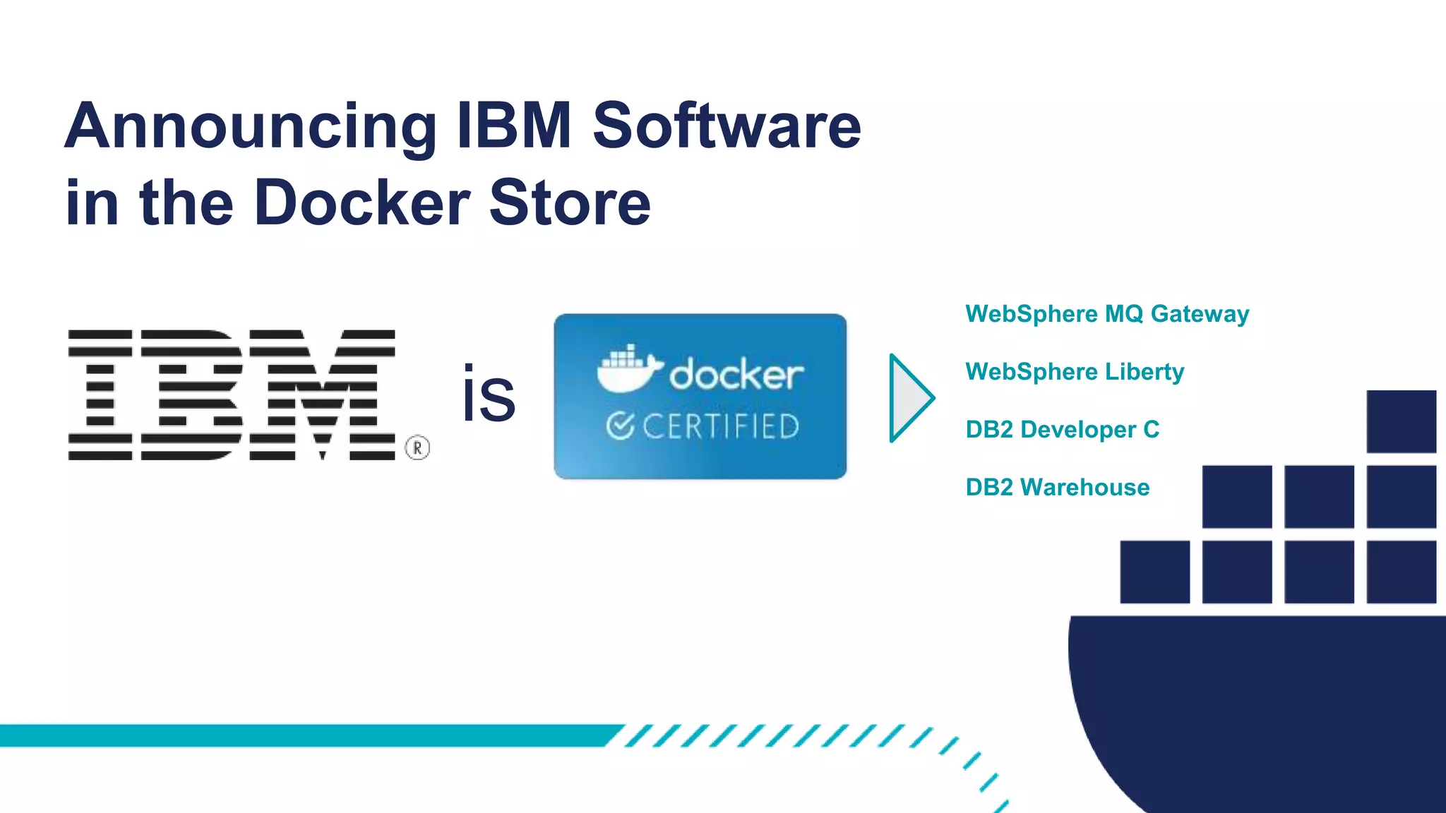 Announcing IBM Software
in the Docker Store
is
WebSphere MQ Gateway
WebSphere Liberty
DB2 Developer C
DB2 Warehouse
 