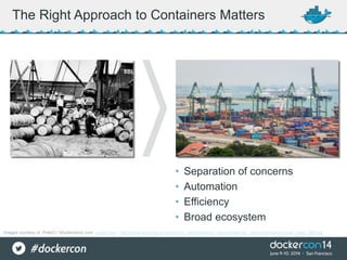 The Right Approach to Containers Matters
• Separation of concerns
• Automation
• Efficiency
• Broad ecosystem
Images courtesy of PokkO / Shutterstock.com, Lewis Hine - http://www.archives.gov/research_room/research_topics/american_cities/images/american_cities_069.jpg
 