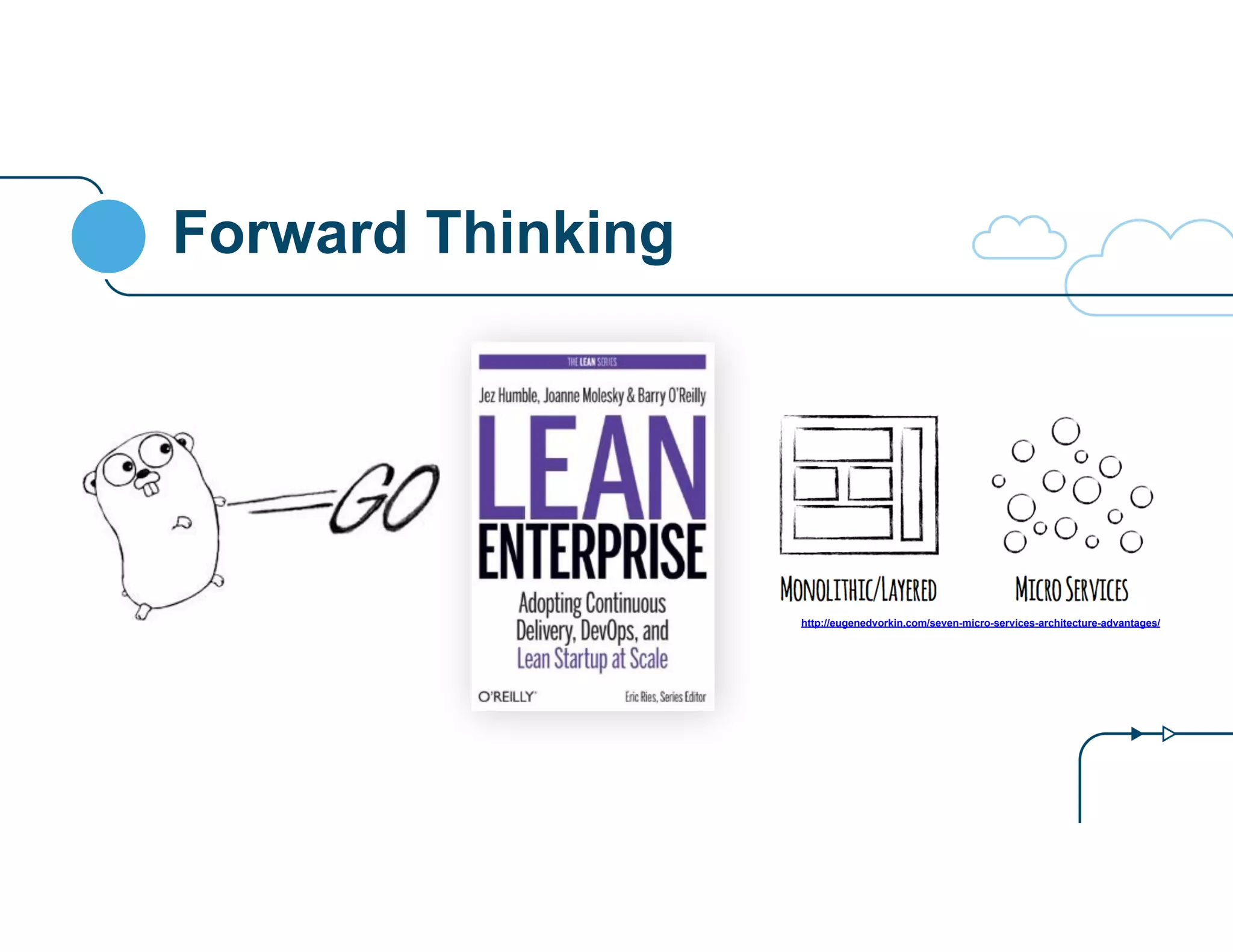 Forward Thinking 
http://eugenedvorkin.com/seven-micro-services-architecture-advantages/ 
 