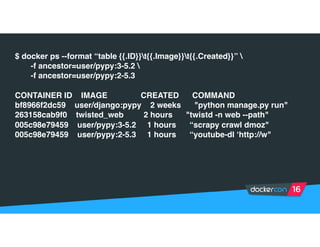 $ docker ps --format “table {{.ID}}t{{.Image}}t{{.Created}}” 
-f ancestor=user/pypy:3-5.2 
-f ancestor=user/pypy:2-5.3
CONTAINER ID IMAGE CREATED COMMAND
bf8966f2dc59 user/django:pypy 2 weeks "python manage.py run"
263158cab9f0 twisted_web 2 hours "twistd -n web --path"
005c98e79459 user/pypy:3-5.2 1 hours “scrapy crawl dmoz"
005c98e79459 user/pypy:2-5.3 1 hours “youtube-dl ‘http://w"
 