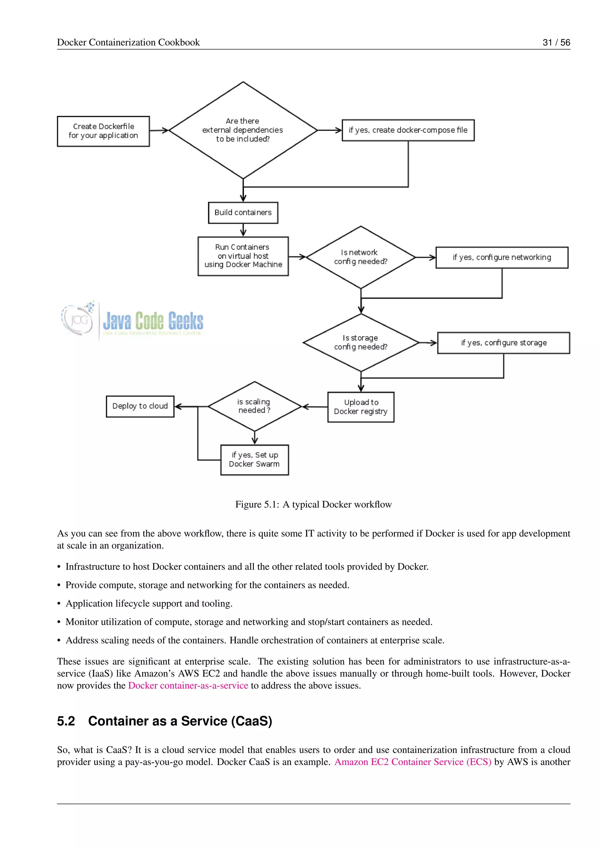 Docker Containerization Cookbook 31 / 56
Figure 5.1: A typical Docker workﬂow
As you can see from the above workﬂow, there is quite some IT activity to be performed if Docker is used for app development
at scale in an organization.
• Infrastructure to host Docker containers and all the other related tools provided by Docker.
• Provide compute, storage and networking for the containers as needed.
• Application lifecycle support and tooling.
• Monitor utilization of compute, storage and networking and stop/start containers as needed.
• Address scaling needs of the containers. Handle orchestration of containers at enterprise scale.
These issues are signiﬁcant at enterprise scale. The existing solution has been for administrators to use infrastructure-as-a-
service (IaaS) like Amazon’s AWS EC2 and handle the above issues manually or through home-built tools. However, Docker
now provides the Docker container-as-a-service to address the above issues.
5.2 Container as a Service (CaaS)
So, what is CaaS? It is a cloud service model that enables users to order and use containerization infrastructure from a cloud
provider using a pay-as-you-go model. Docker CaaS is an example. Amazon EC2 Container Service (ECS) by AWS is another
 
