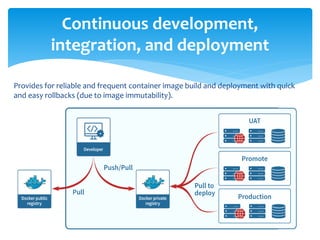 Provides for reliable and frequent container image build and deployment with quick
and easy rollbacks (due to image immutability).
Continuous development,
integration, and deployment
 