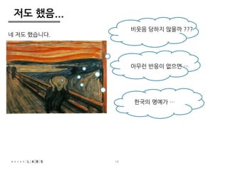 13 
저도 했음... 
네 저도 했습니다. 
비웃음 당하지 않을까 ??? 
아무런 반응이 없으면 … 
한국의 명예가 … 
 