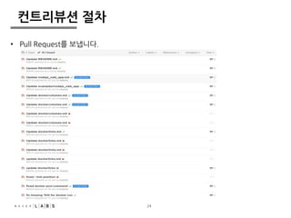 24 
컨트리뷰션 절차 
• Pull Request를 보냅니다. 
 