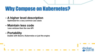 Why Compose on Kubernetes?
- A higher level description
Optimized for a very common use cases
- Maintain less code
Less verbose than the raw API
- Portability
Usable with Swarm, Kubernetes or just the engine
 