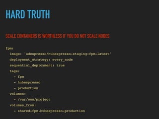 HARD TRUTH
fpm:
image: 'adespresso/hubespresso-staging:fpm-latest'
deployment_strategy: every_node
sequential_deployment: true
tags:
- fpm
- hubespresso
- production
volumes:
- /var/www/project
volumes_from:
- shared-fpm.hubespresso-production
SCALE CONTAINERS IS WORTHLESS IF YOU DO NOT SCALE NODES
 