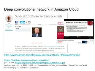 Deep convolutional network in Amazon Cloud
https://civisanalytics.com/blog/data-science/2016/05/11/strata-2016-talk/
https://github.com/mdagost/pug_classifier
git clone https://github.com/mdagost/pug_classifier.git
docker run -d -p 8888:8888 -v /home/ubuntu/pug_classifier:/home/jovyan/work
mdagost/pug_classifier_notebook
 