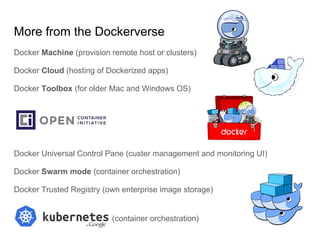 More from the Dockerverse
Docker Machine (provision remote host or clusters)
Docker Cloud (hosting of Dockerized apps)
Docker Toolbox (for older Mac and Windows OS)
Docker Universal Control Pane (custer management and monitoring UI)
Docker Swarm mode (container orchestration)
Docker Trusted Registry (own enterprise image storage)
Kubernetes (container orchestration)
 