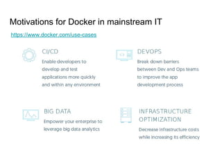 Motivations for Docker in mainstream IT
https://www.docker.com/use-cases
 