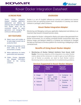 Kovair Docker Integration Datasheet
Kovair Docker Integration Datasheet
A SNEAK PEAK
‘Kovair Docker Integration
Adapter’ simplifies application
deployment and delivery by
exposing data of related artefacts
from Docker, which can be
monitored, utilized for report
generation, and managing the
continuous delivery pipeline.
KEY FEATURES
❖ Detect issues and troubles at
an early stage to avoid risks at
production level.
❖ Changes and upgrades can be
done safely as the whole
environment is tracked.
❖ Refine applications for better
performance and robustness.
❖ Collect, Process, Aggregate
and delegate information
related to the running
containers.
OVERVIEW
Docker is a set of coupled software-as-a-service and platform-as-a-service
products that use operating-system-level virtualization to develop and deliver
software in packages called containers.
Kovair Docker Integration Adapter
Monitoring and Managing continuous application deployment and delivery is an
important step towards increased business values.
Kovair adapter for Docker, is designed to deploy and capture data generated from
Docker environment. For an existing connected Docker environment when new
Volume, Image, and Network related to a Container are introduced or changed
the data are track back to Omnibus platform for monitoring or delegating to other
connected tools.
Benefits of Using Kovair Docker Adapter
• Monitoring of Docker Related Artefacts from Kovair ALM
Studio: The primary objective of this integration is to collect Docker
metrics about all the containers. In order to get as much efficiency
out of Docker as possible, we need to track Docker metrics.
Monitoring metrics is also important for troubleshooting problems.
Services Supported in Kovair Docker Adapter
Exposed
Entities
Supported
Events
Exposed
Relations
❖ Image
❖ Container
❖ Volume
❖ Network
❖ Supports
basic events
like Add, Edit,
and Delete.
❖ Container to
Image
❖ Container to
Volume
❖ Container to
Network
Page1
 