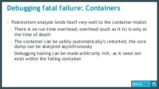 Debugging fatal failure: Containers
• Postmortem analysis lends itself very well to the container model:
- There is no run...