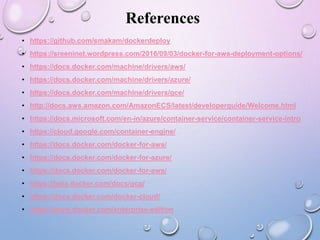 References
• https://github.com/smakam/dockerdeploy
• https://sreeninet.wordpress.com/2016/09/03/docker-for-aws-deployment-options/
• https://docs.docker.com/machine/drivers/aws/
• https://docs.docker.com/machine/drivers/azure/
• https://docs.docker.com/machine/drivers/gce/
• http://docs.aws.amazon.com/AmazonECS/latest/developerguide/Welcome.html
• https://docs.microsoft.com/en-in/azure/container-service/container-service-intro
• https://cloud.google.com/container-engine/
• https://docs.docker.com/docker-for-aws/
• https://docs.docker.com/docker-for-azure/
• https://docs.docker.com/docker-for-aws/
• https://beta.docker.com/docs/gcp/
• https://docs.docker.com/docker-cloud/
• https://www.docker.com/enterprise-edition
 