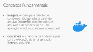 Conceitos Fundamentais
• Imagens → base para criação de
containers, são geradas a partir do
arquivo Dockerfile; contêm todos os
arquivos e dependências de uma
aplicação – incluindo sistema operacional
• Containers → criados a partir de imagens
para a execução de uma aplicação
(serviço, site, API)
 