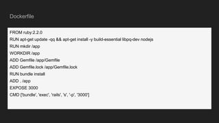 Dockerfile
FROM ruby:2.2.0
RUN apt-get update -qq && apt-get install -y build-essential libpq-dev nodejs
RUN mkdir /app
WORKDIR /app
ADD Gemfile /app/Gemfile
ADD Gemfile.lock /app/Gemfile.lock
RUN bundle install
ADD . /app
EXPOSE 3000
CMD ['bundle', 'exec', 'rails', 's', '-p', '3000']
 