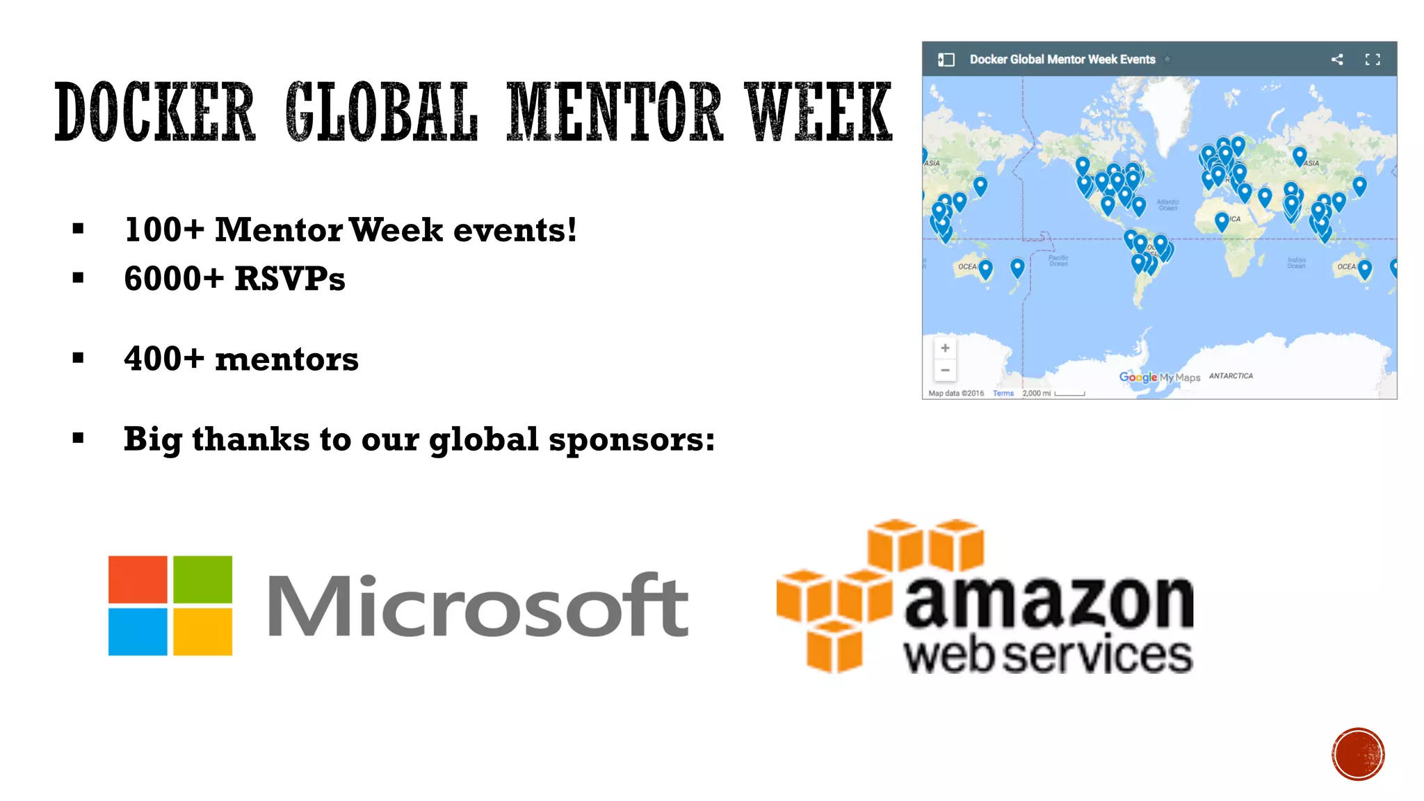 § 100+ MentorWeek events!
§ 6000+ RSVPs
§ 400+ mentors
§ Big thanks to our global sponsors:
 