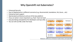 16
• Enhanced	Security
• Ease	of	deployments	in	different	scenarios	(e.g.	disconnected,	standalone,	HA,	Azure,	..etc)
• Enterprise	level	support
• Opinionated	architecture	and	out	of	the	box	platform
• Focus	on	what	is	more	important	e.g.	PaaS		FaaS not	CaaS
• Easy	plumbing	and	pipelines	for	developers	and	ops	alike.
• You	can	still	use	K8s	under	the	hood.
Why	Openshift not	Kubernetes?
Medium:	difference	between	kubernetes	and	openshift
 