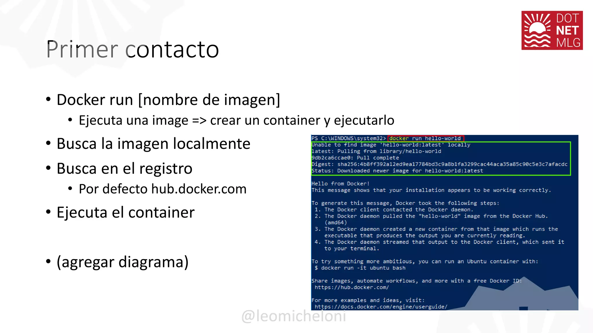 Primer contacto
• Docker run [nombre de imagen]
• Ejecuta una image => crear un container y ejecutarlo
• Busca la imagen localmente
• Busca en el registro
• Por defecto hub.docker.com
• Ejecuta el container
• (agregar diagrama)
@leomicheloni
 