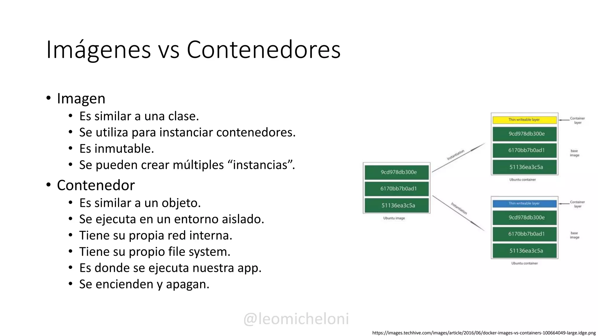 Imágenes vs Contenedores
• Imagen
• Es similar a una clase.
• Se utiliza para instanciar contenedores.
• Es inmutable.
• Se pueden crear múltiples “instancias”.
• Contenedor
• Es similar a un objeto.
• Se ejecuta en un entorno aislado.
• Tiene su propia red interna.
• Tiene su propio file system.
• Es donde se ejecuta nuestra app.
• Se encienden y apagan.
https://images.techhive.com/images/article/2016/06/docker-images-vs-containers-100664049-large.idge.png
@leomicheloni
 
