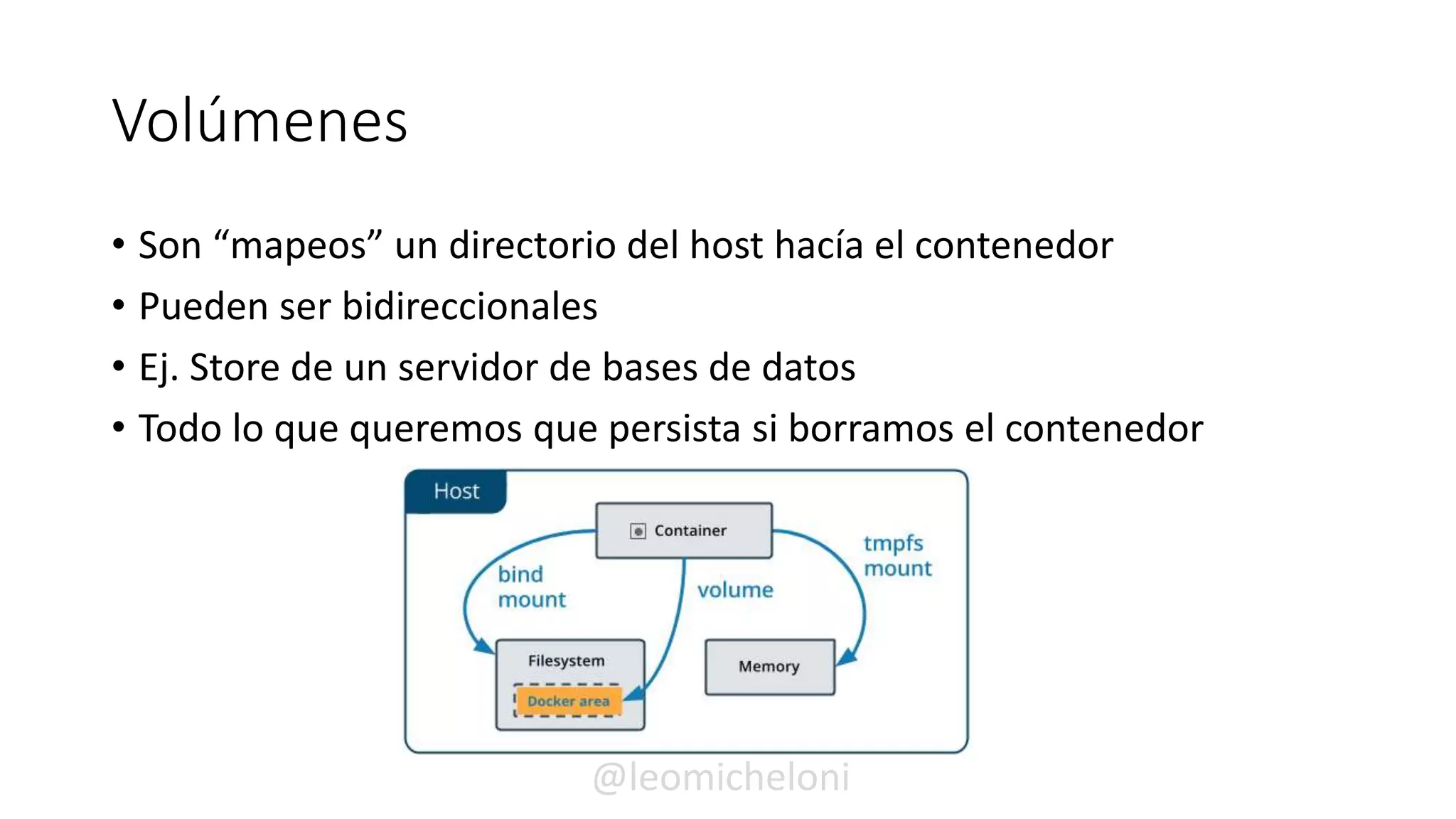 Volúmenes
• Son “mapeos” un directorio del host hacía el contenedor
• Pueden ser bidireccionales
• Ej. Store de un servidor de bases de datos
• Todo lo que queremos que persista si borramos el contenedor
@leomicheloni
 
