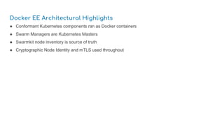 Docker EE Architectural Highlights
● Conformant Kubernetes components ran as Docker containers
● Swarm Managers are Kubernetes Masters
● Swarmkit node inventory is source of truth
● Cryptographic Node Identity and mTLS used throughout
 