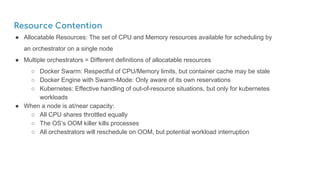 Resource Contention
● Allocatable Resources: The set of CPU and Memory resources available for scheduling by
an orchestrator on a single node
● Multiple orchestrators = Different definitions of allocatable resources
○ Docker Swarm: Respectful of CPU/Memory limits, but container cache may be stale
○ Docker Engine with Swarm-Mode: Only aware of its own reservations
○ Kubernetes: Effective handling of out-of-resource situations, but only for kubernetes
workloads
● When a node is at/near capacity:
○ All CPU shares throttled equally
○ The OS’s OOM killer kills processes
○ All orchestrators will reschedule on OOM, but potential workload interruption
 