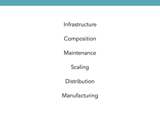 Infrastructure
Composition
Maintenance
Scaling
Distribution
Manufacturing
 