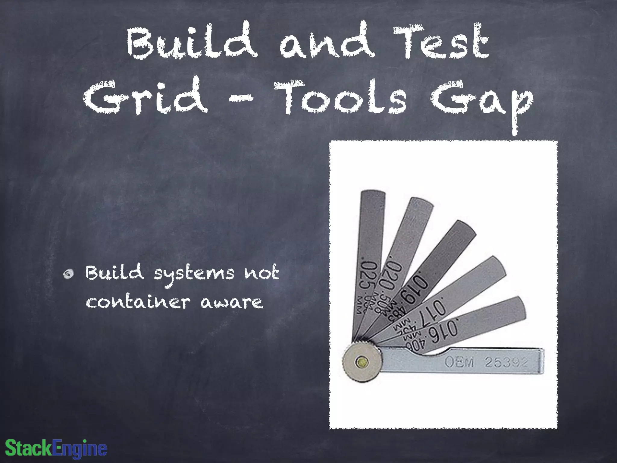 Build and Test
Grid - Tools Gap
Build systems not
container aware
 