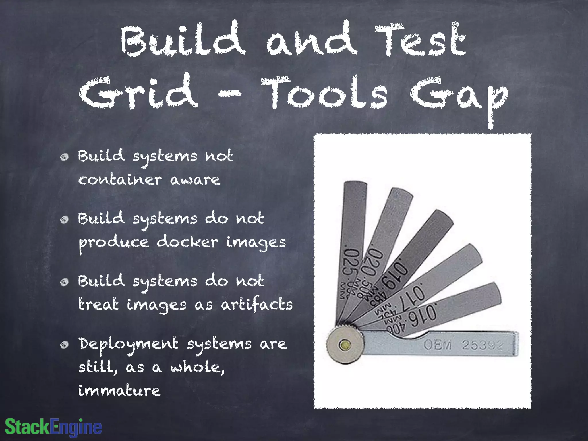 Build and Test
Grid - Tools Gap
Build systems not
container aware
Build systems do not
produce docker images
Build systems do not
treat images as artifacts
Deployment systems are
still, as a whole,
immature
 