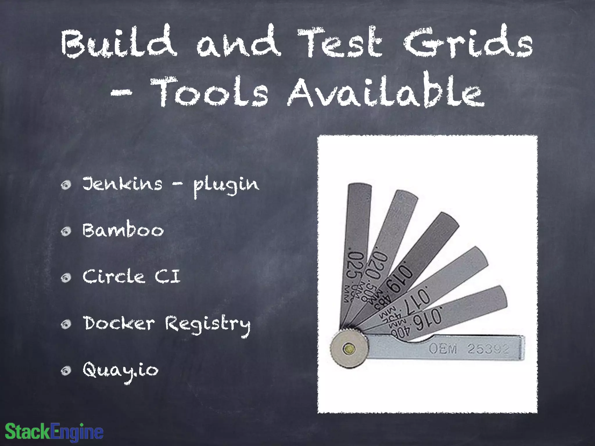 Build and Test Grids
- Tools Available
Jenkins - plugin
Bamboo
Circle CI
Docker Registry
Quay.io
 