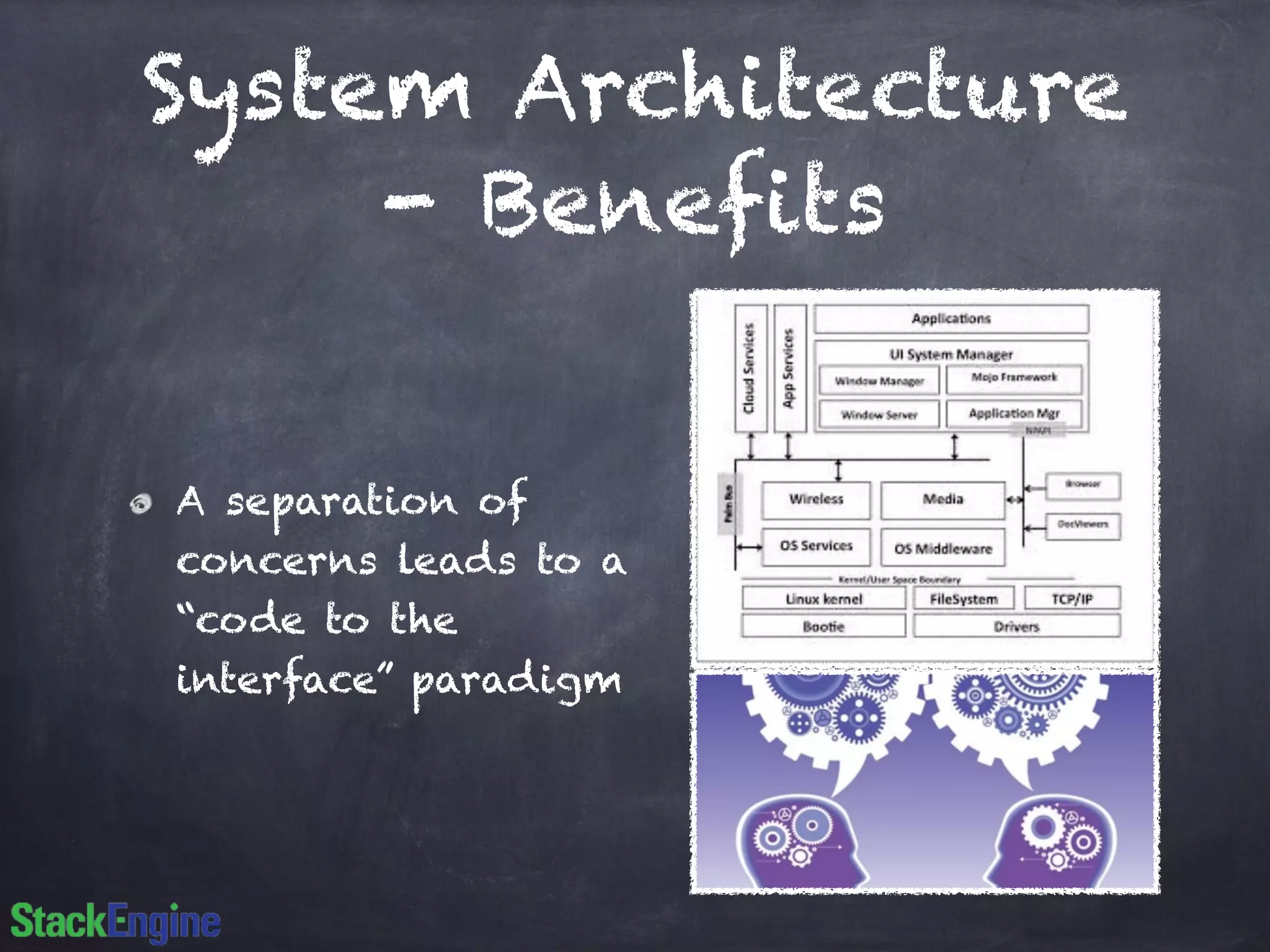System Architecture
- Benefits
A separation of
concerns leads to a
“code to the
interface” paradigm
 