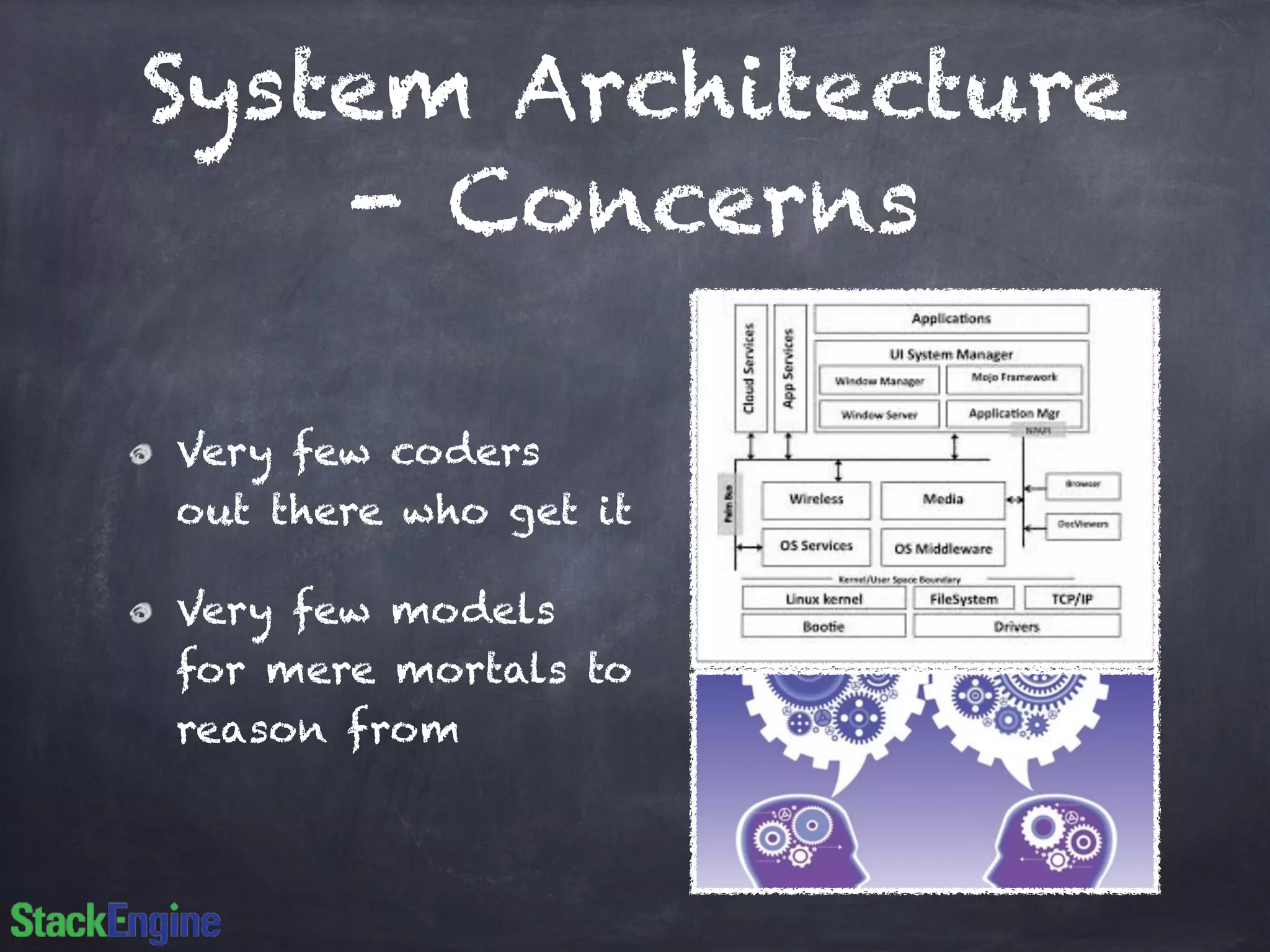 System Architecture
- Concerns
Very few coders
out there who get it
Very few models
for mere mortals to
reason from
 