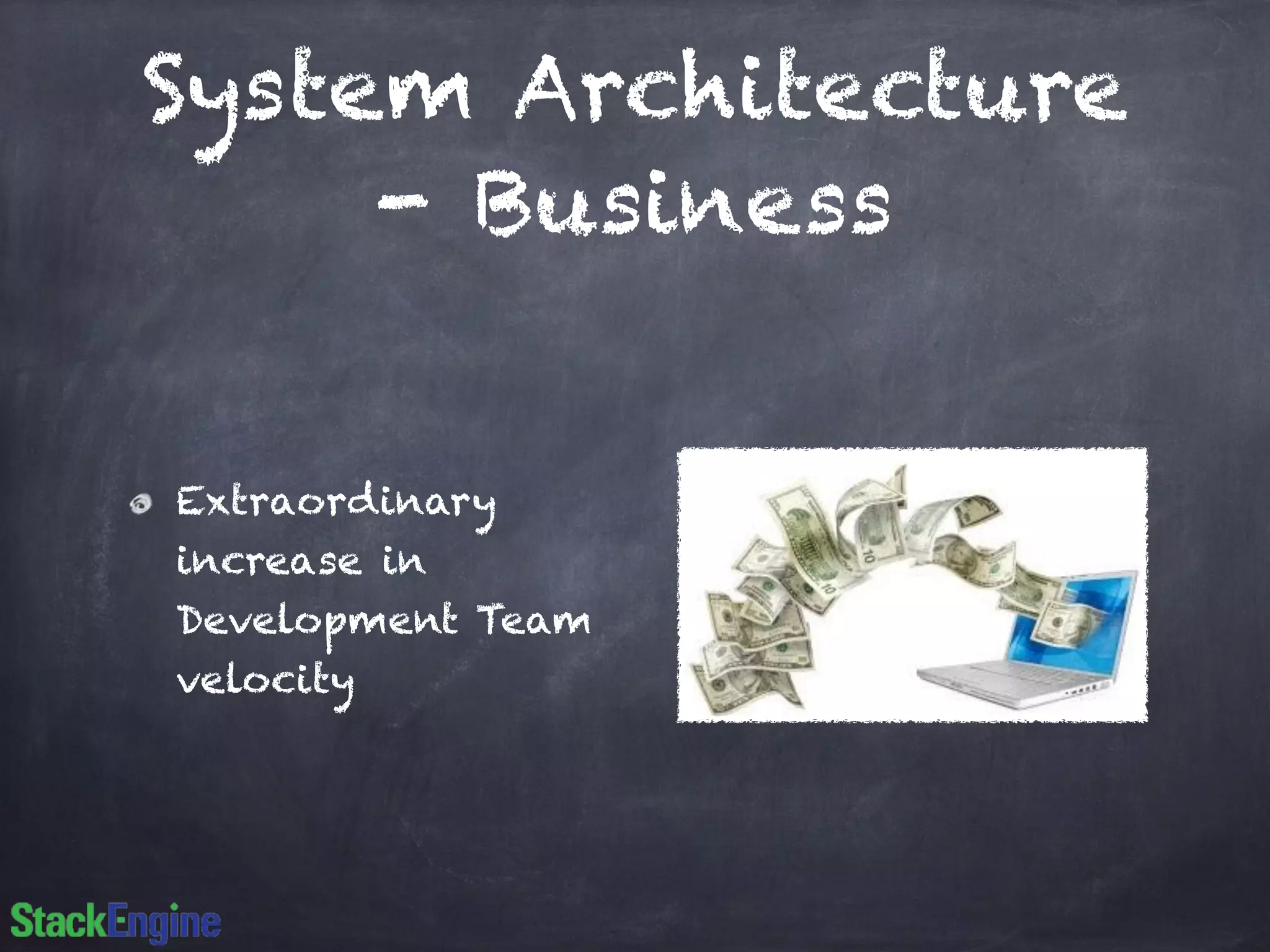 System Architecture
- Business
Extraordinary
increase in
Development Team
velocity
 
