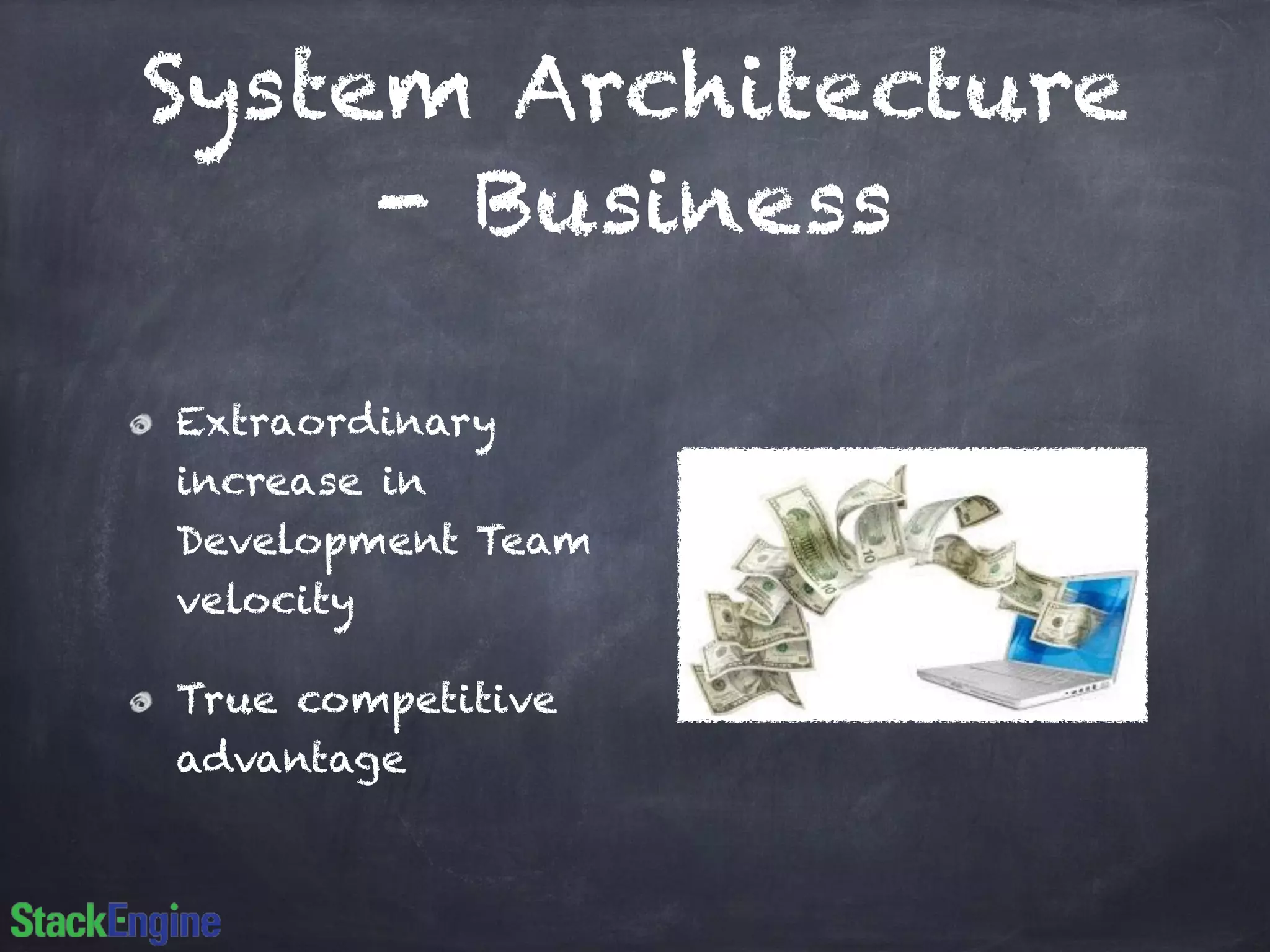 System Architecture
- Business
Extraordinary
increase in
Development Team
velocity
True competitive
advantage
 