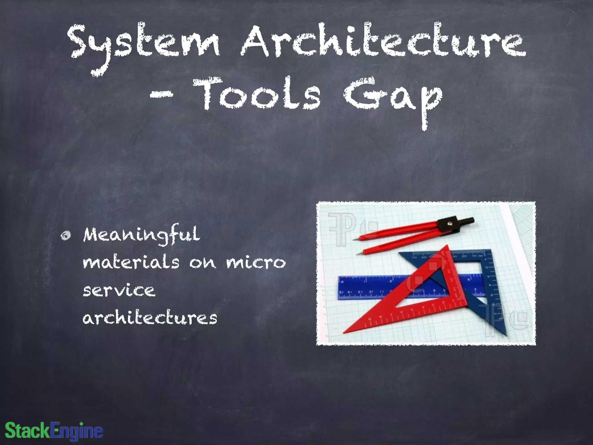 System Architecture
- Tools Gap
Meaningful
materials on micro
service
architectures
 