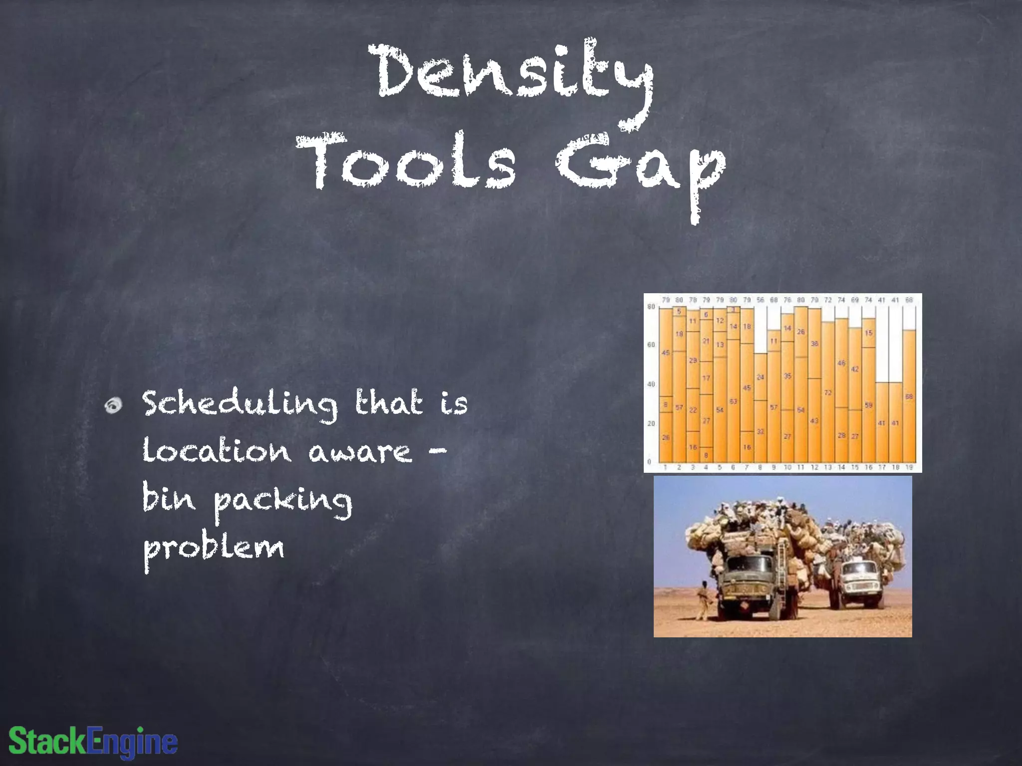 Density
Tools Gap
Scheduling that is
location aware -
bin packing
problem
 