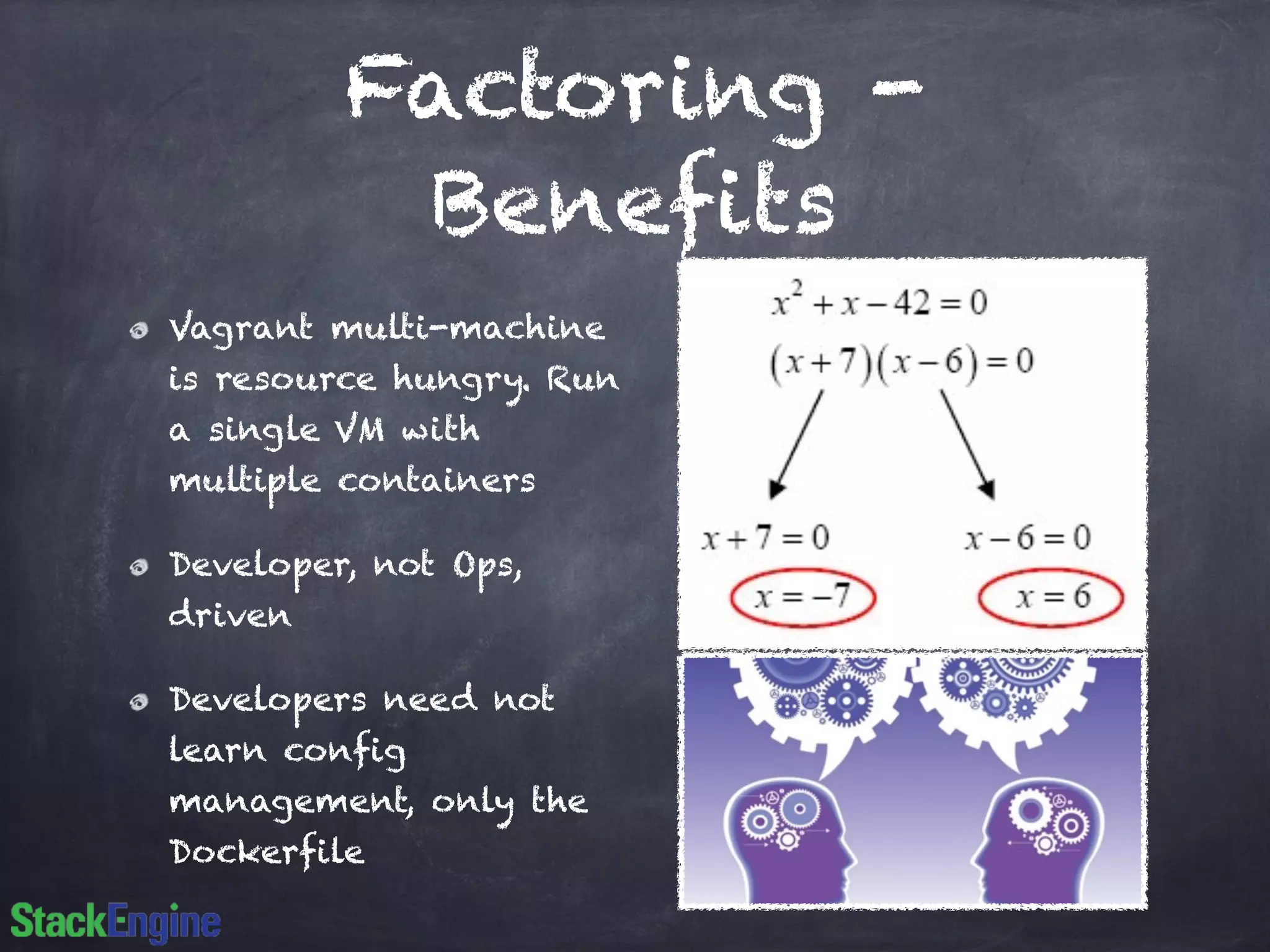 Factoring -
Benefits
Vagrant multi-machine
is resource hungry. Run
a single VM with
multiple containers
Developer, not Ops,
driven
Developers need not
learn config
management, only the
Dockerfile
 