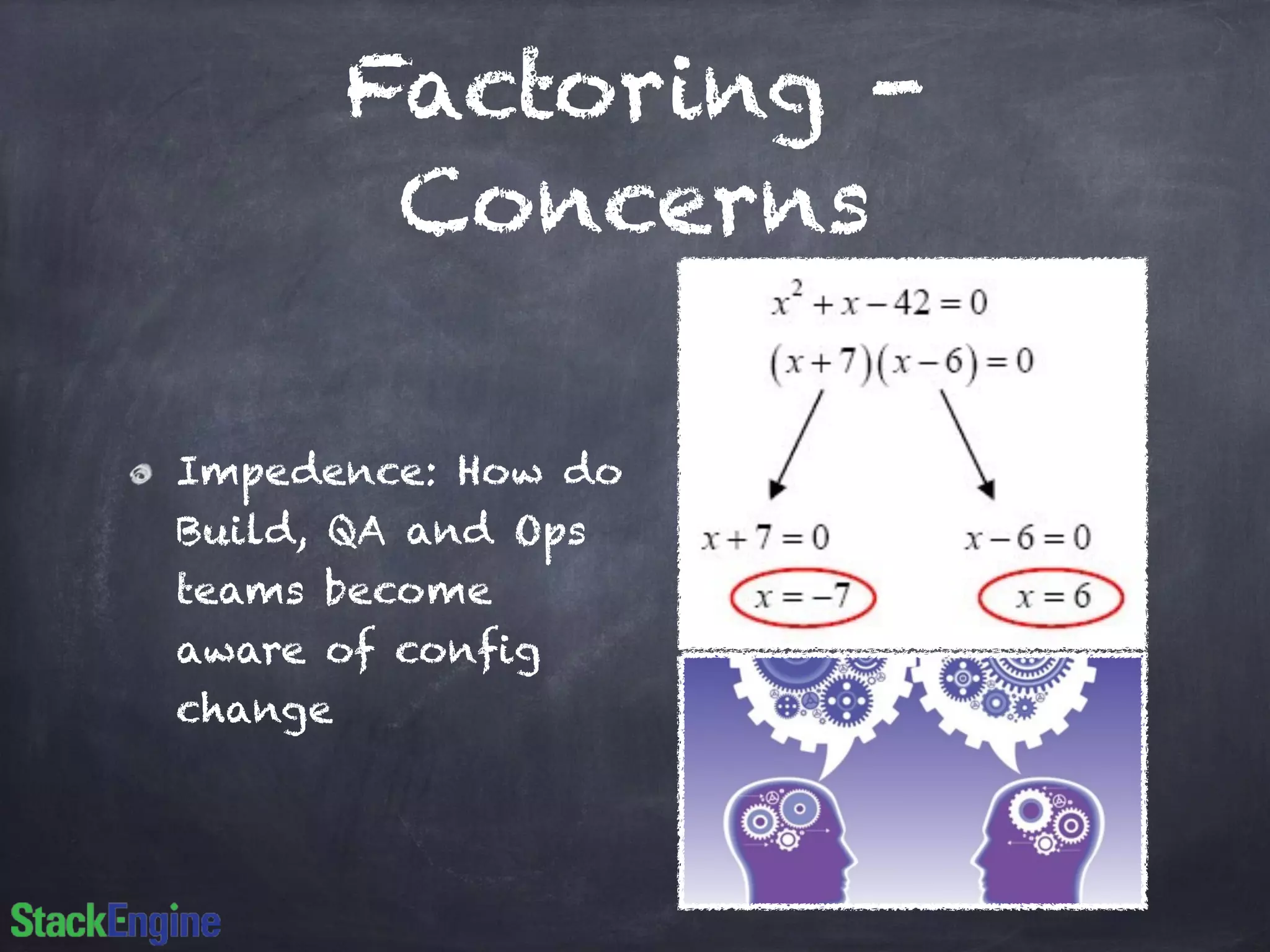 Factoring -
Concerns
Impedence: How do
Build, QA and Ops
teams become
aware of config
change
 