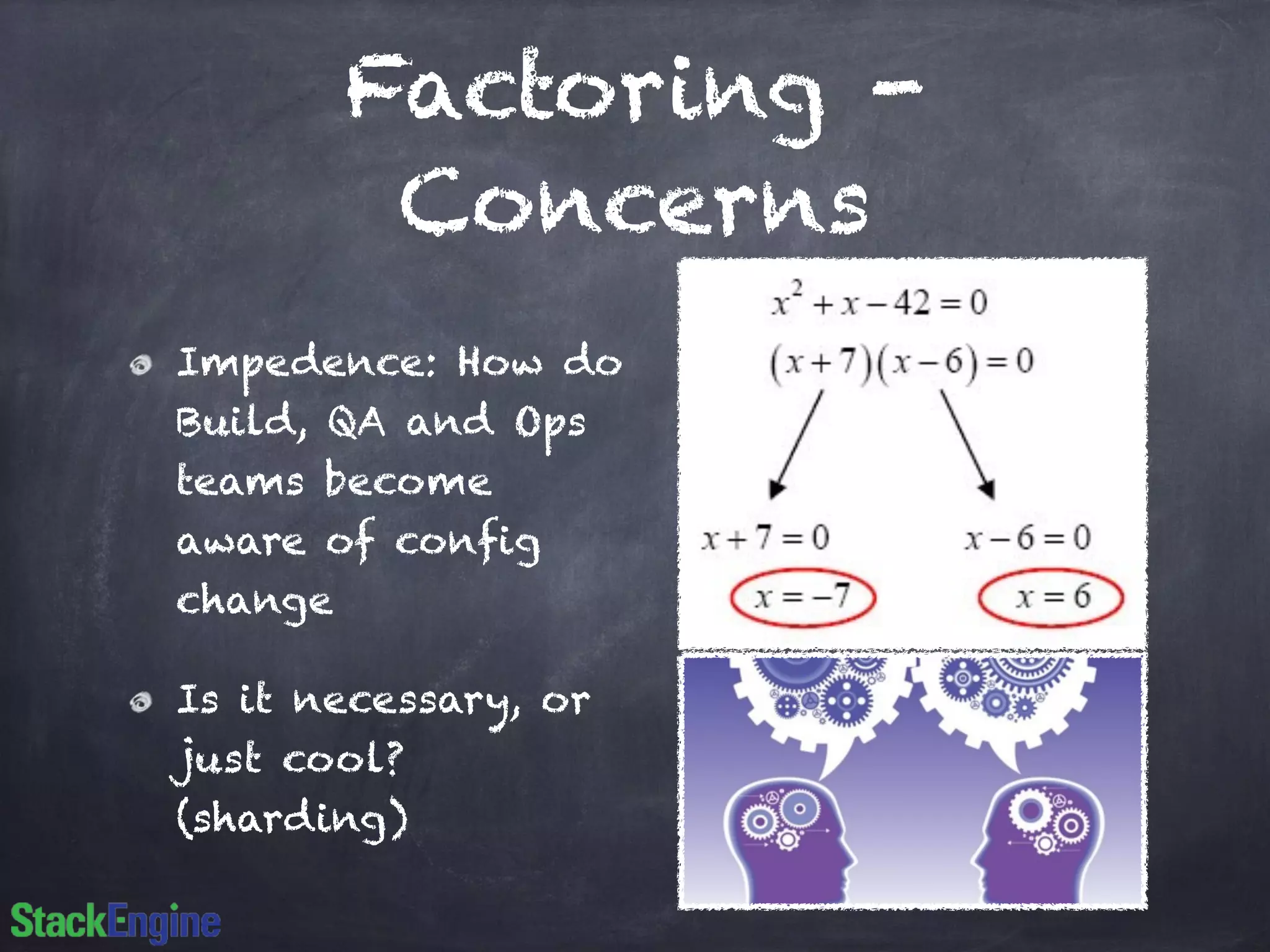 Factoring -
Concerns
Impedence: How do
Build, QA and Ops
teams become
aware of config
change
Is it necessary, or
just cool?
(sharding)
 