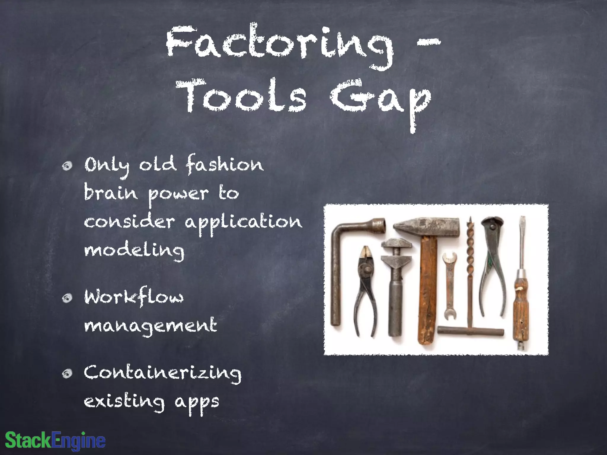 Factoring -
Tools Gap
Only old fashion
brain power to
consider application
modeling
Workflow
management
Containerizing
existing apps
 